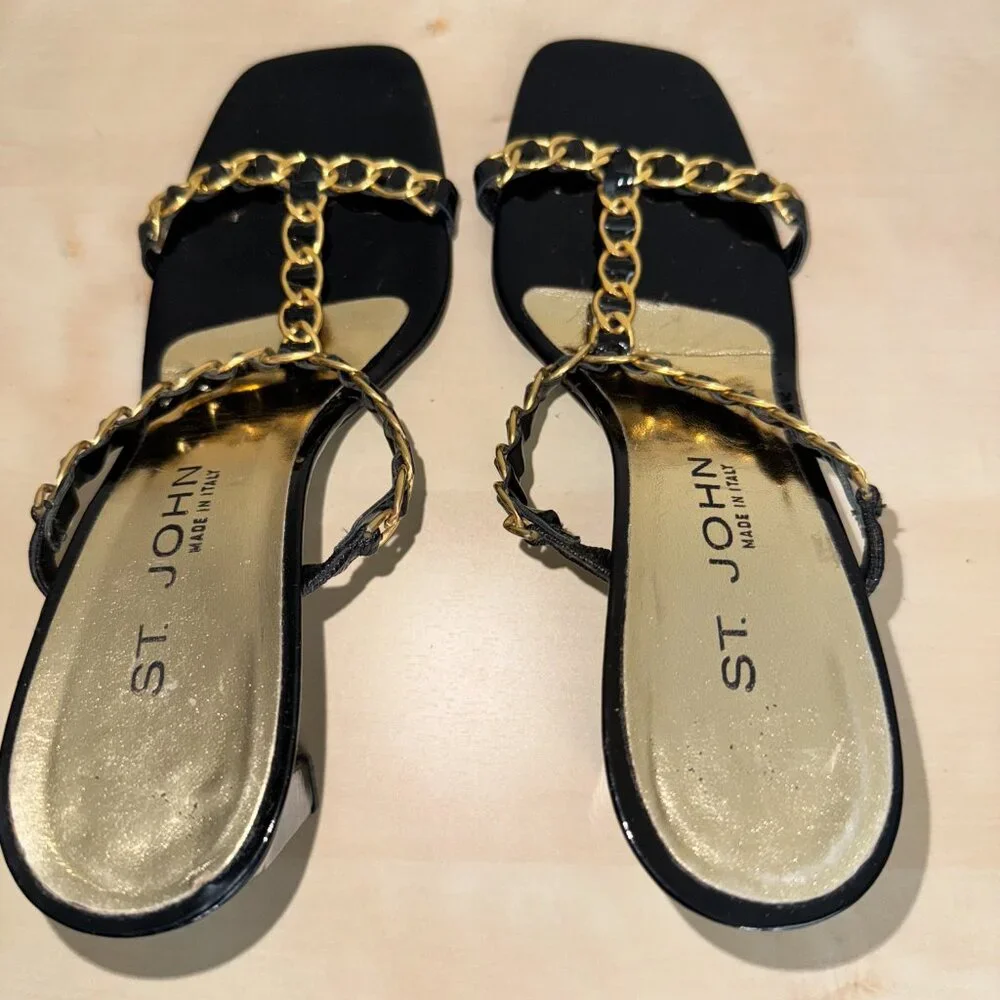 St. John Black Patent Leather Heel Sandals Size 8.5 M Catena Strappy Gold Chain - Picture 3 of 16